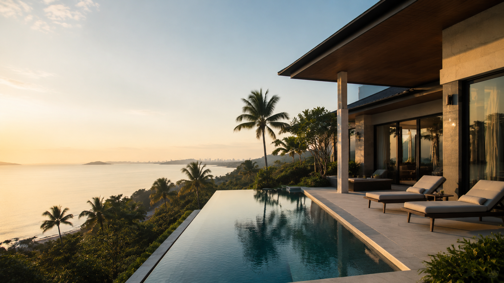 Modern tropical pool villa overlooking the Pattaya coast